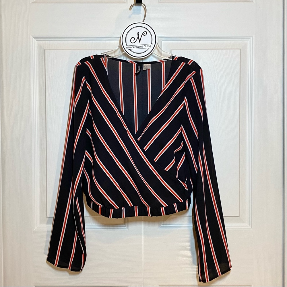 DIVIDED H&M Women’s Crop Top Wrap Style Striped Black/Red/White Size 6